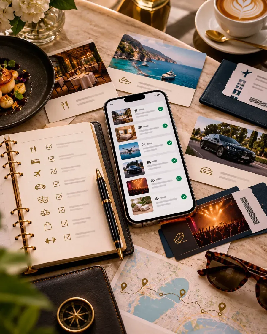 Celular com reservas confirmadas de restaurante, hotel, voo e transfer sobre uma mesa com agenda e mapa
