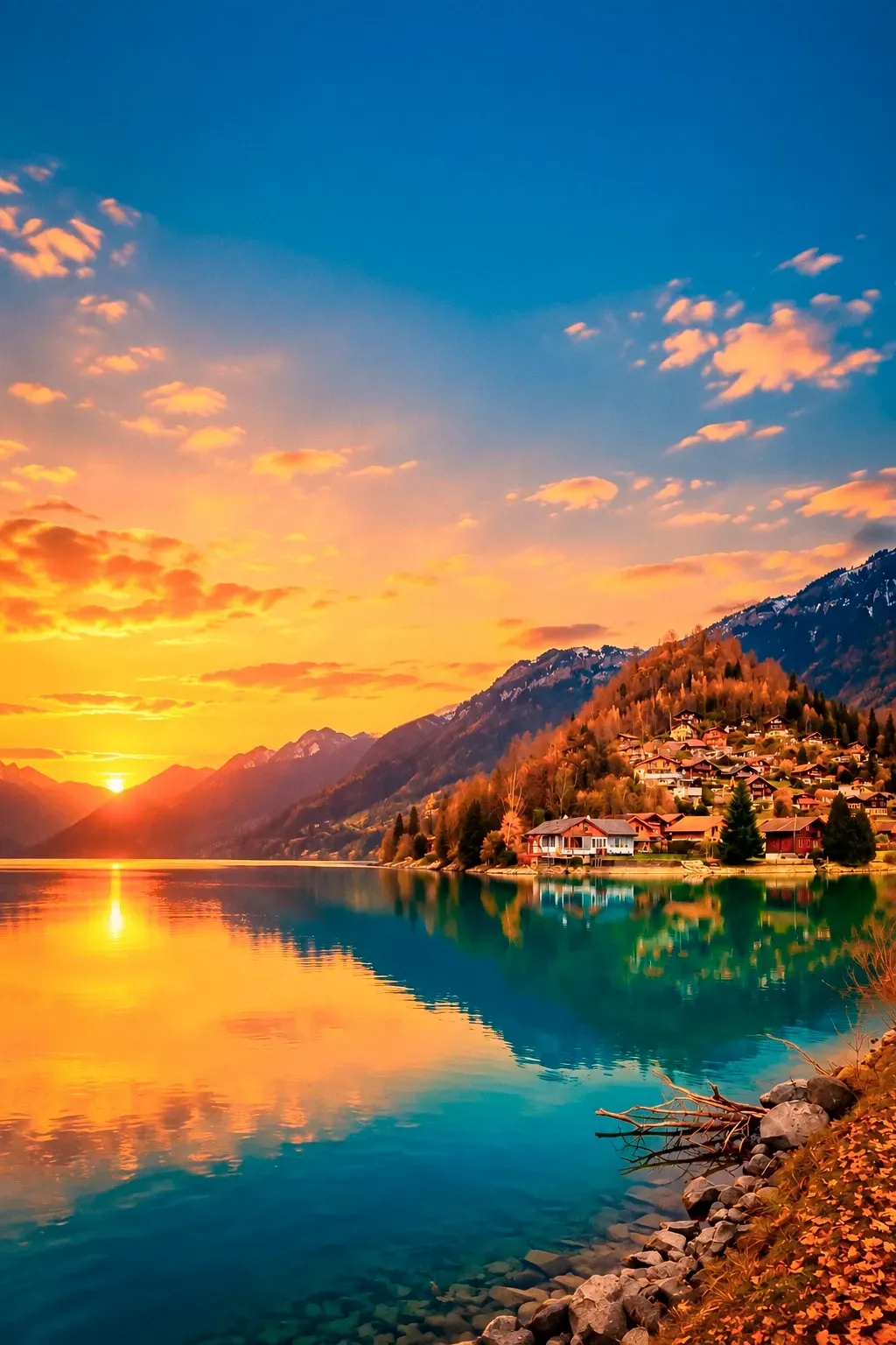 Lago de águas azul-turquesa ao pôr do sol, com vilarejo de chalés e montanhas com árvores de outono