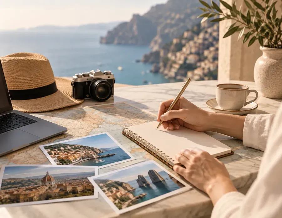 Mesa com mapa, caderno, câmera e fotos da costa italiana durante o planejamento de uma viagem